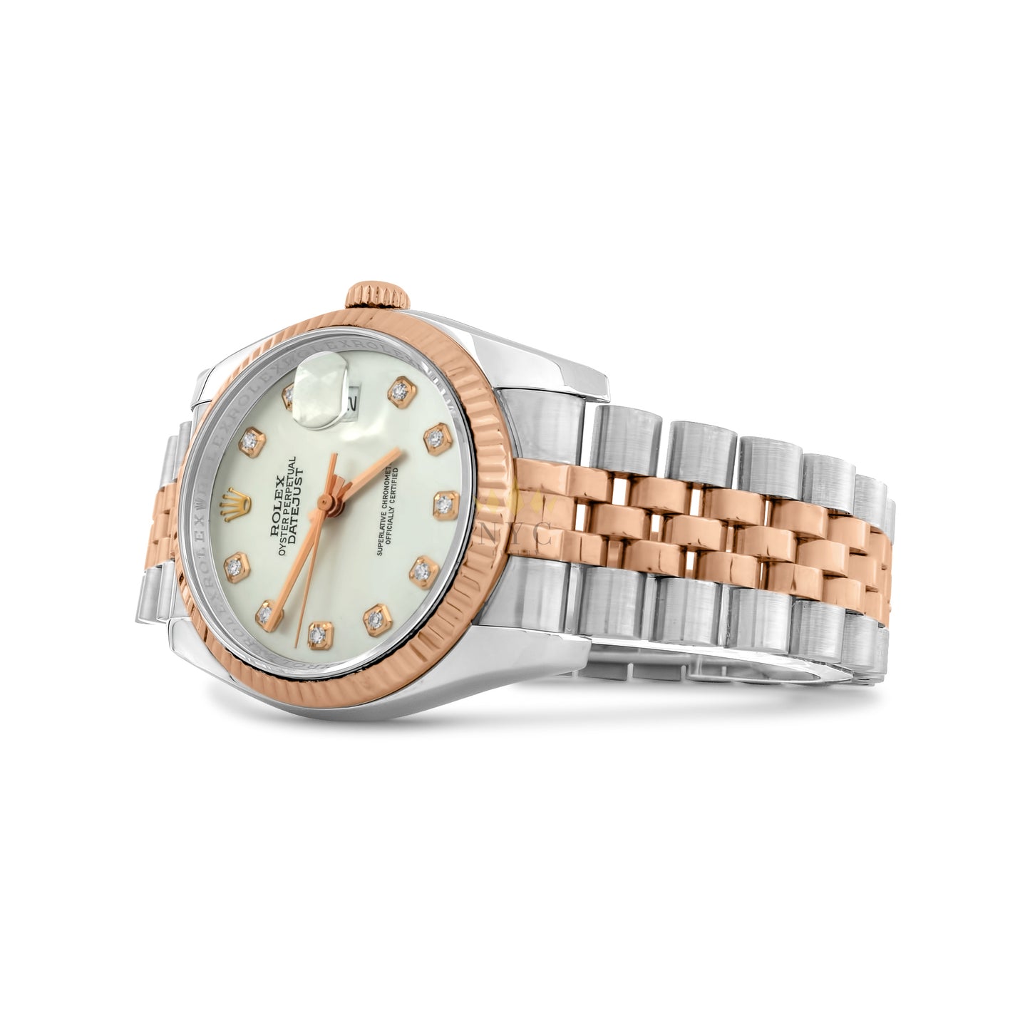 Rolex Datejust 36mm Two Tone Rose Gold & Steel, 18kt Rose Gold Fluted Bezel, Jubilee Bracelet, Factory Silver Diamond Dial, Ref. 116231