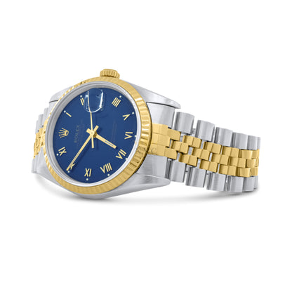 Rolex datejust 36mm Two Tone Yellow Gold, Yellow Gold Fluted Bezel, Jubilee bracelet, Rare Blue Vignette Diamond Dial, Ref. 16233