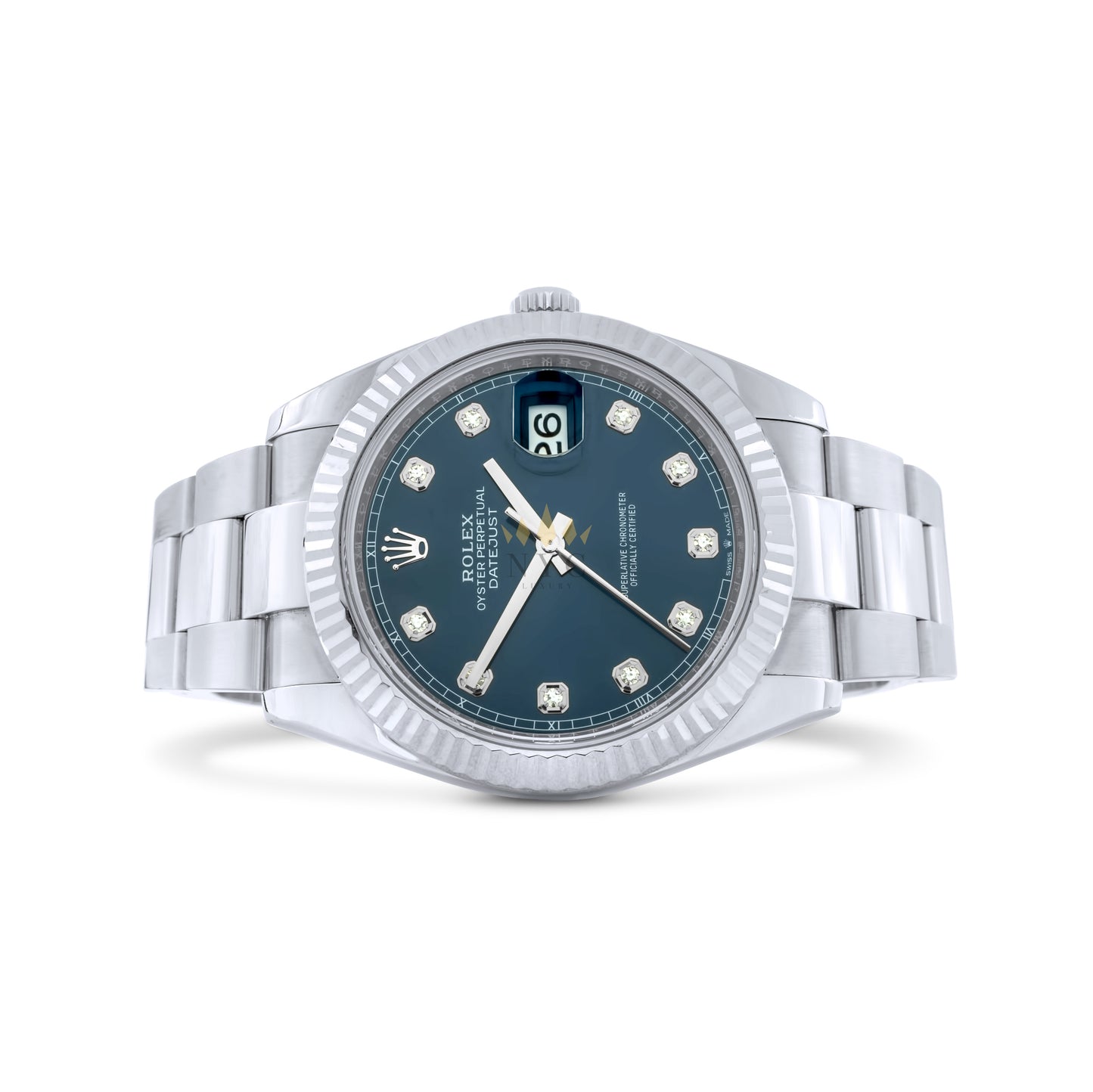 Rolex Datejust 41, Stainless Steel, 18k White Gold Fluted Bezel, Oyster Bracelet, Blue Diamond Dial Ref. 126334