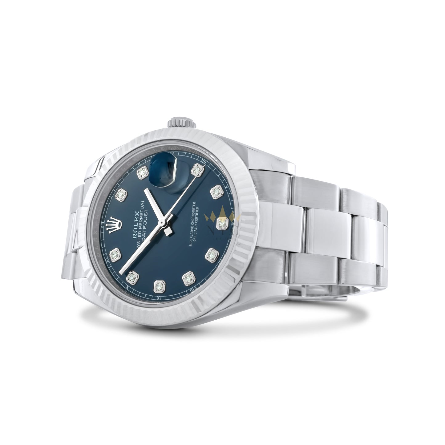 Rolex Datejust 41, Stainless Steel, 18k White Gold Fluted Bezel, Oyster Bracelet, Blue Diamond Dial Ref. 126334