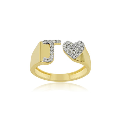 14K Gold letter J Ring 0.26 ctw