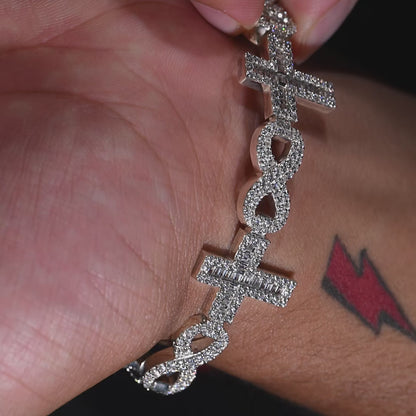 10k White Gold Round and Baguette Diamond Cross Bracelet 7.98 ctw