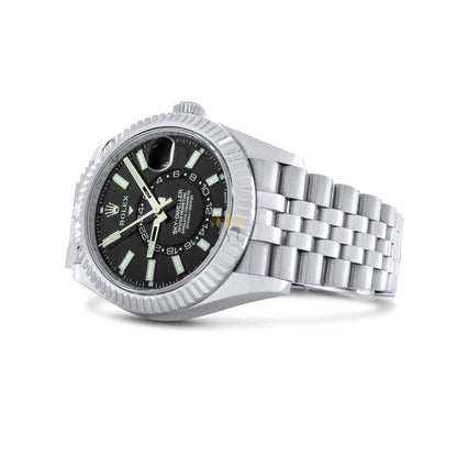 Rolex Sky-Dweller 42mm Stainless Steel 18K White Gold Jubilee Bracelet, Fluted Bezel, Black Dial Ref. 326934 Unworn