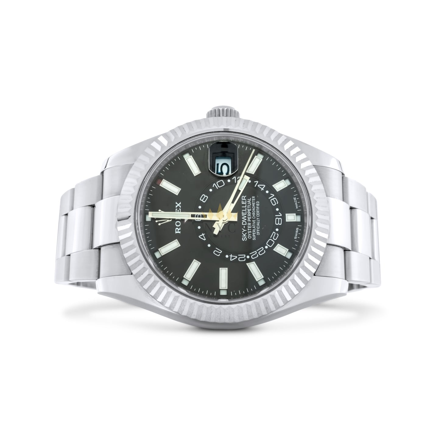 Rolex Sky-Dweller 42mm Stainless steel, 18k White Gold w. Fluted Bezel, Black Dial, Oyster bracelet Ref. 326934 - Preowned