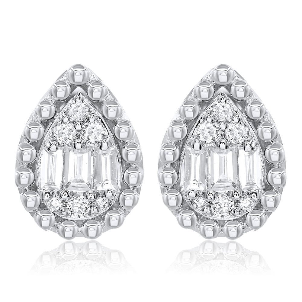 14k White Gold Baguette & Round Diamond Earrings 0.18ctw