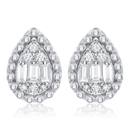 14k White Gold Baguette & Round Diamond Earrings 0.18ctw