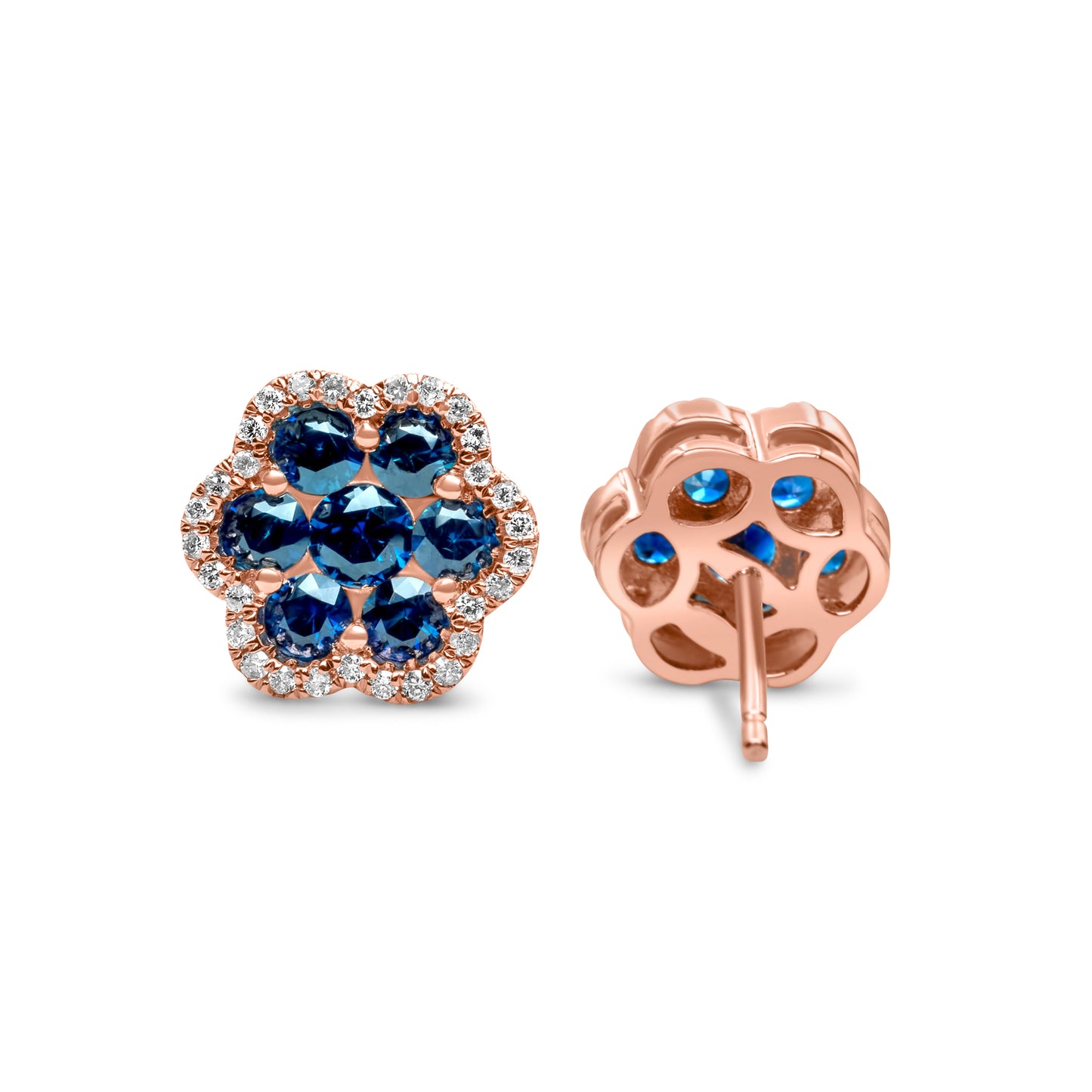 14k Rose Gold Diamond Sapphire Cluster Earrings