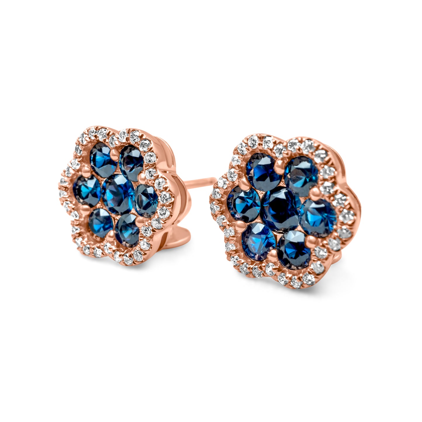 14k Rose Gold Diamond Sapphire Cluster Earrings