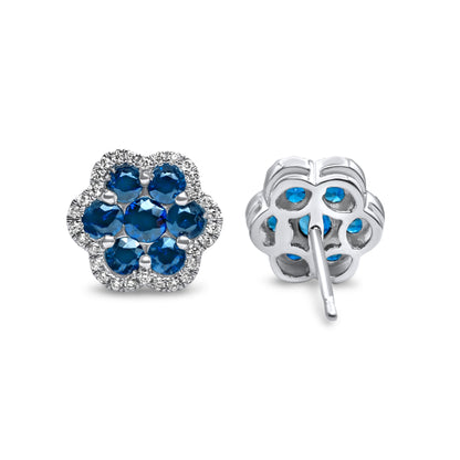 14k White Gold Diamond Sapphire Cluster Earrings