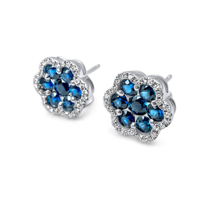 14k White Gold Diamond Sapphire Cluster Earrings