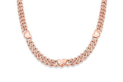 10K Rose Gold Diamond Heart Link Chain 6.5mm 3.25 ctw