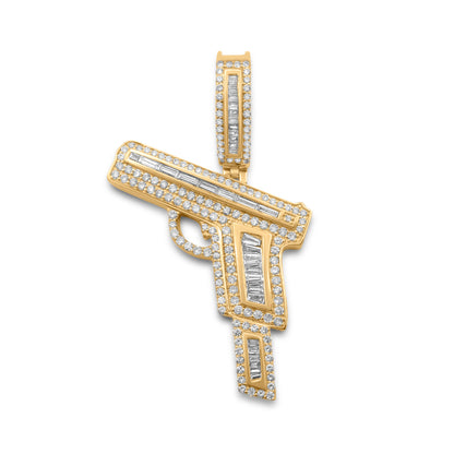 10k Yellow Gold Diamond Baguette HandGun Pendant 1.75ctw