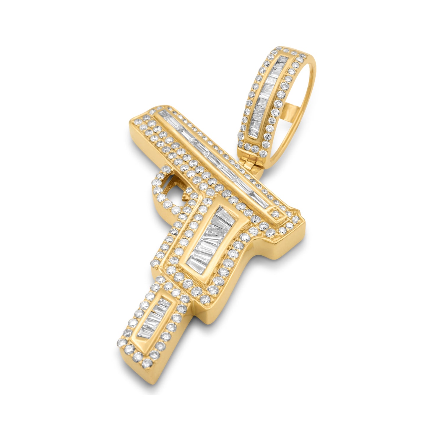 10k Yellow Gold Diamond Baguette HandGun Pendant 1.75ctw