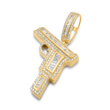 10k Yellow Gold Diamond Baguette HandGun Pendant 1.75ctw