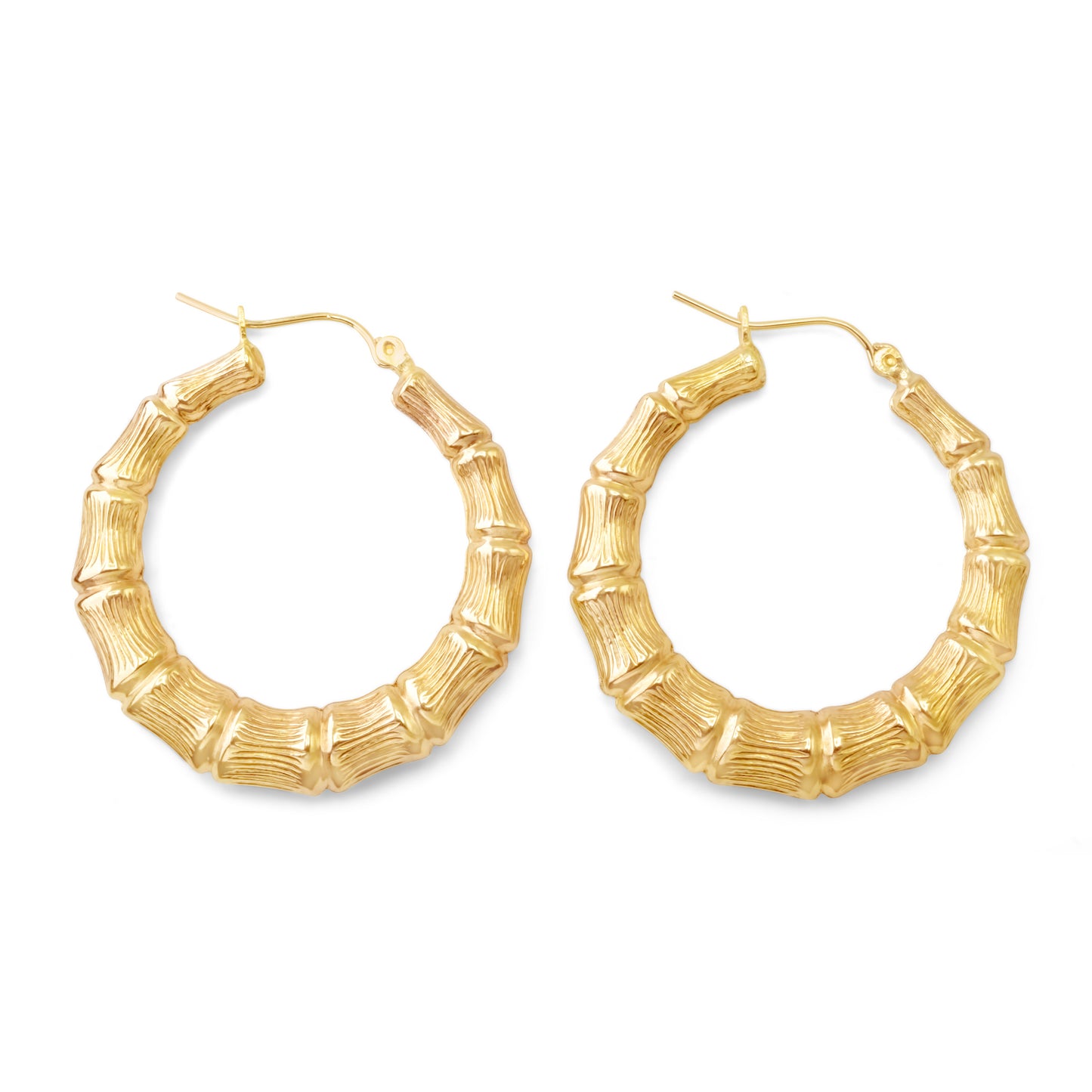 10k Yellow Gold Bamboo Hoop Earrings 1.4 inches