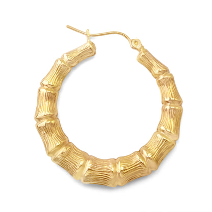 10k Yellow Gold Bamboo Hoop Earrings 1.4 inches