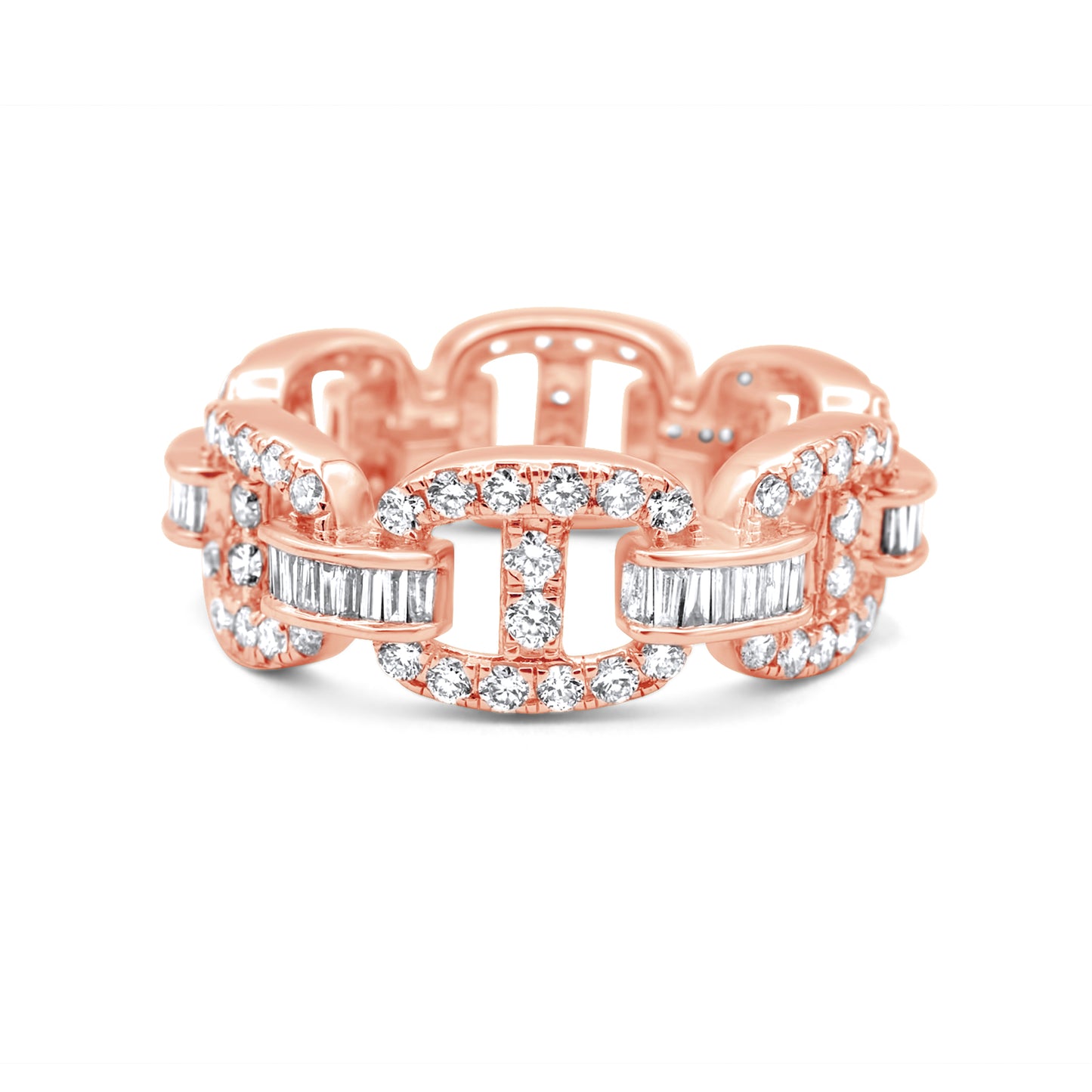 14k Rose Gold Baguette Diamond Gold Cable Anchor Link Ring 2.42ctw