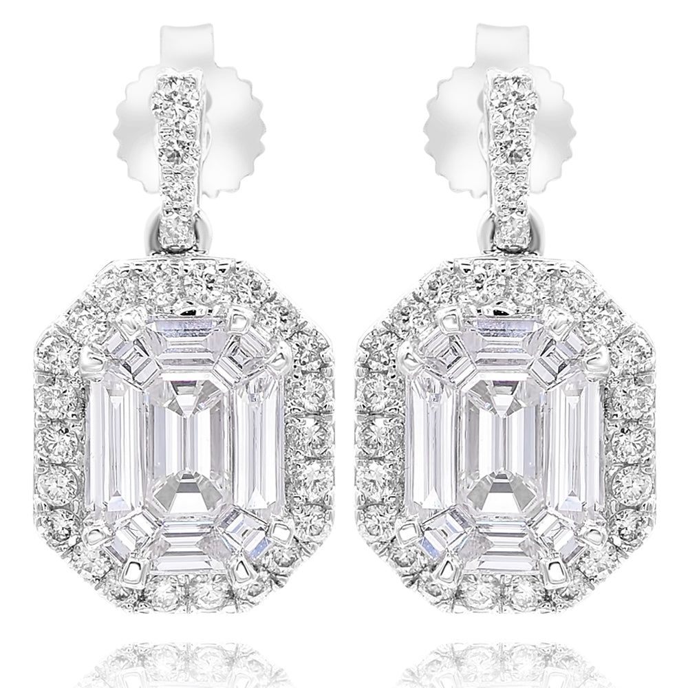 14k White Gold Baguette & Round Diamond Earrings 1.31ctw