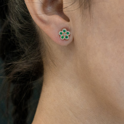 14k Rose Gold Diamond Emerald Flower Earrings