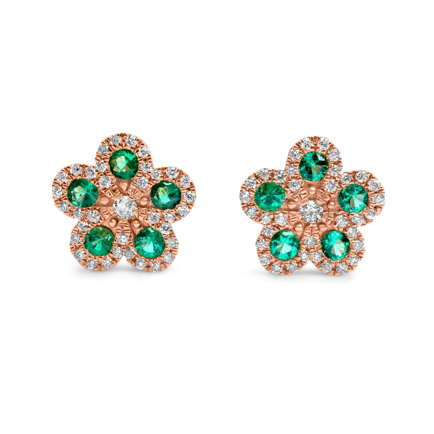 14k Rose Gold Diamond Emerald Flower Earrings