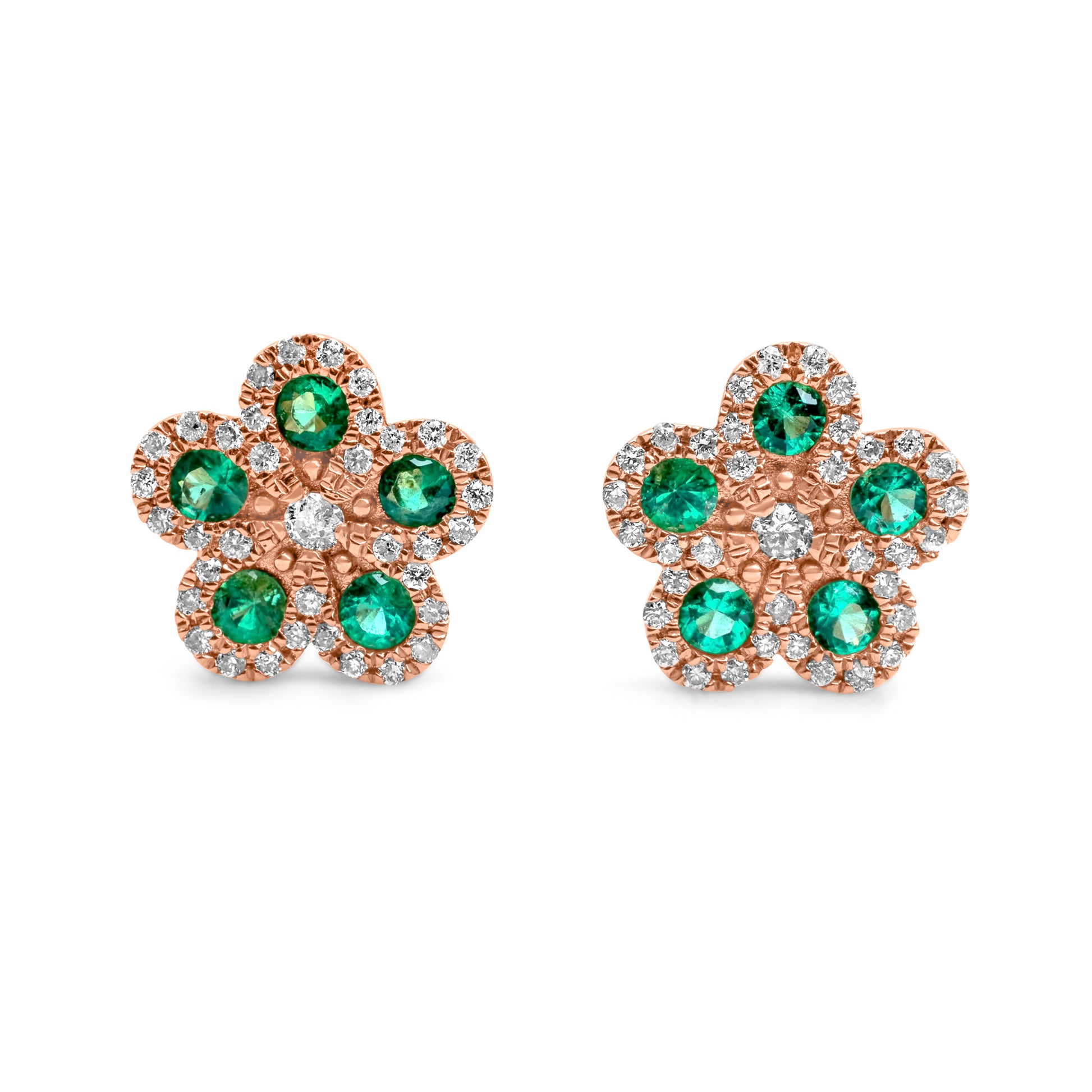 14k Rose Gold Diamond Emerald Flower Earrings