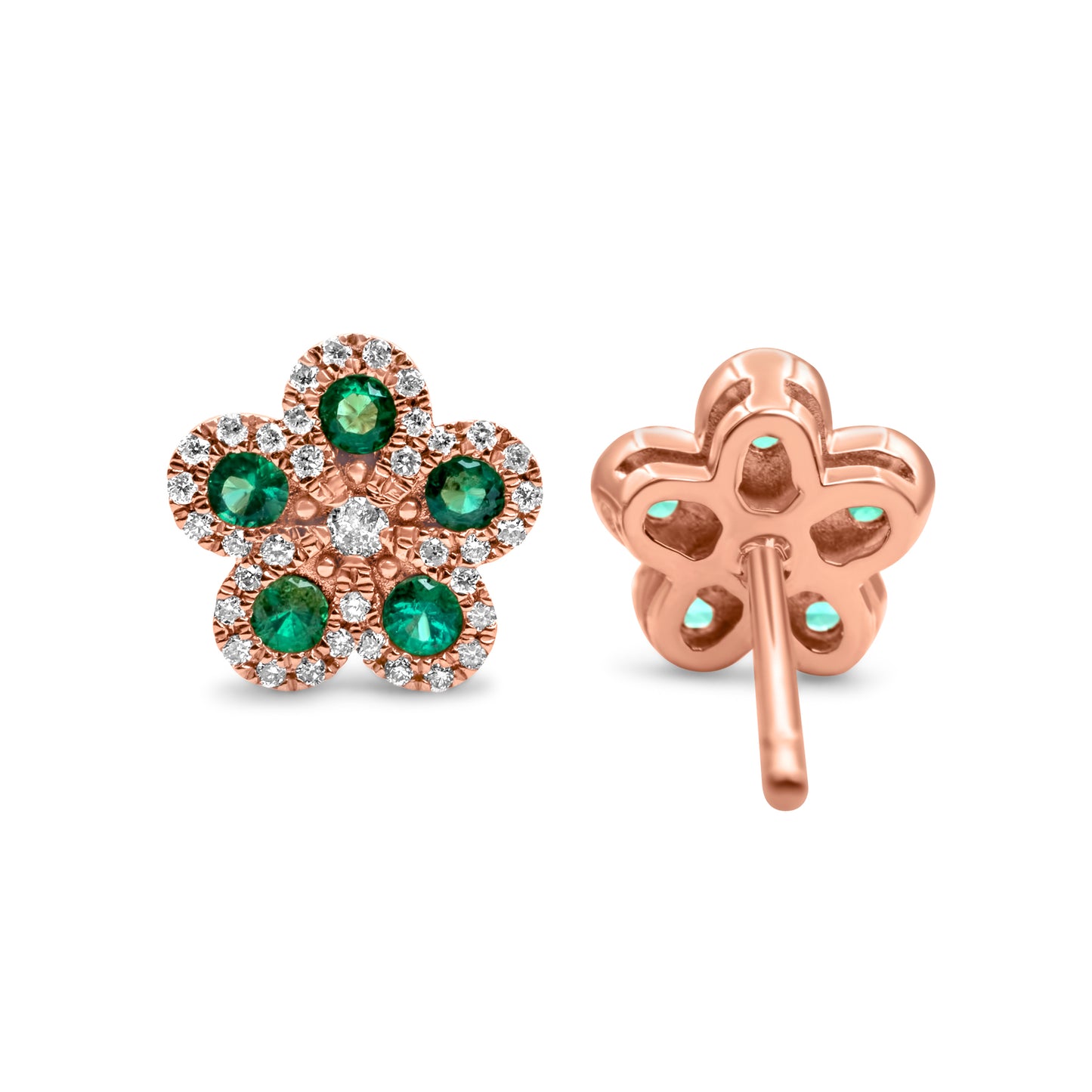 14k Rose Gold Diamond Emerald Flower Earrings