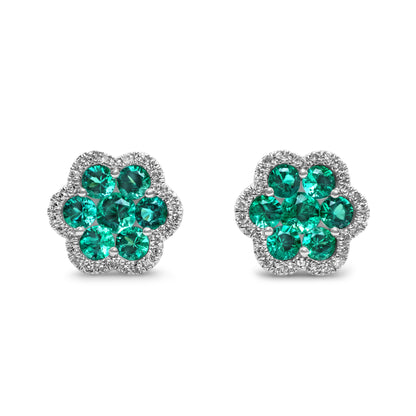 14k White Gold Diamond Emerald Cluster Earrings