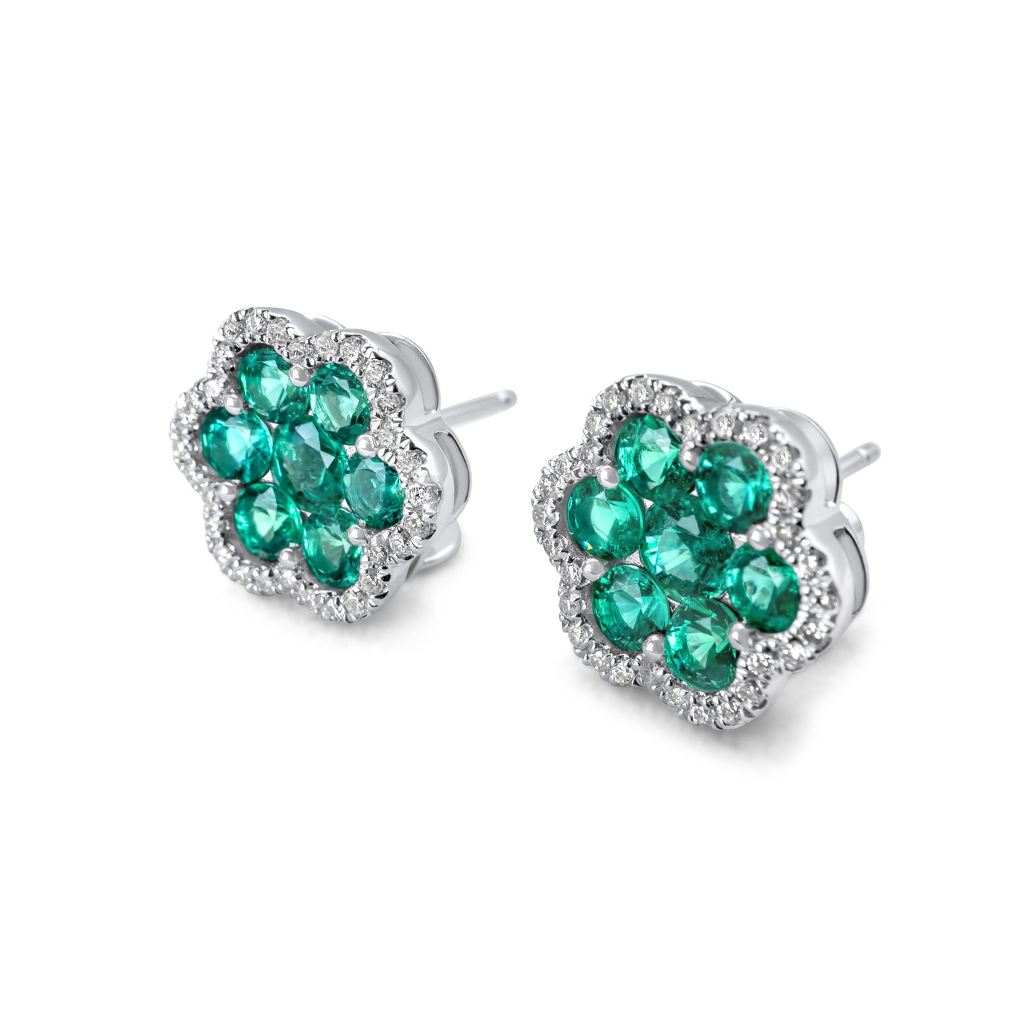 14k White Gold Diamond Emerald Cluster Earrings