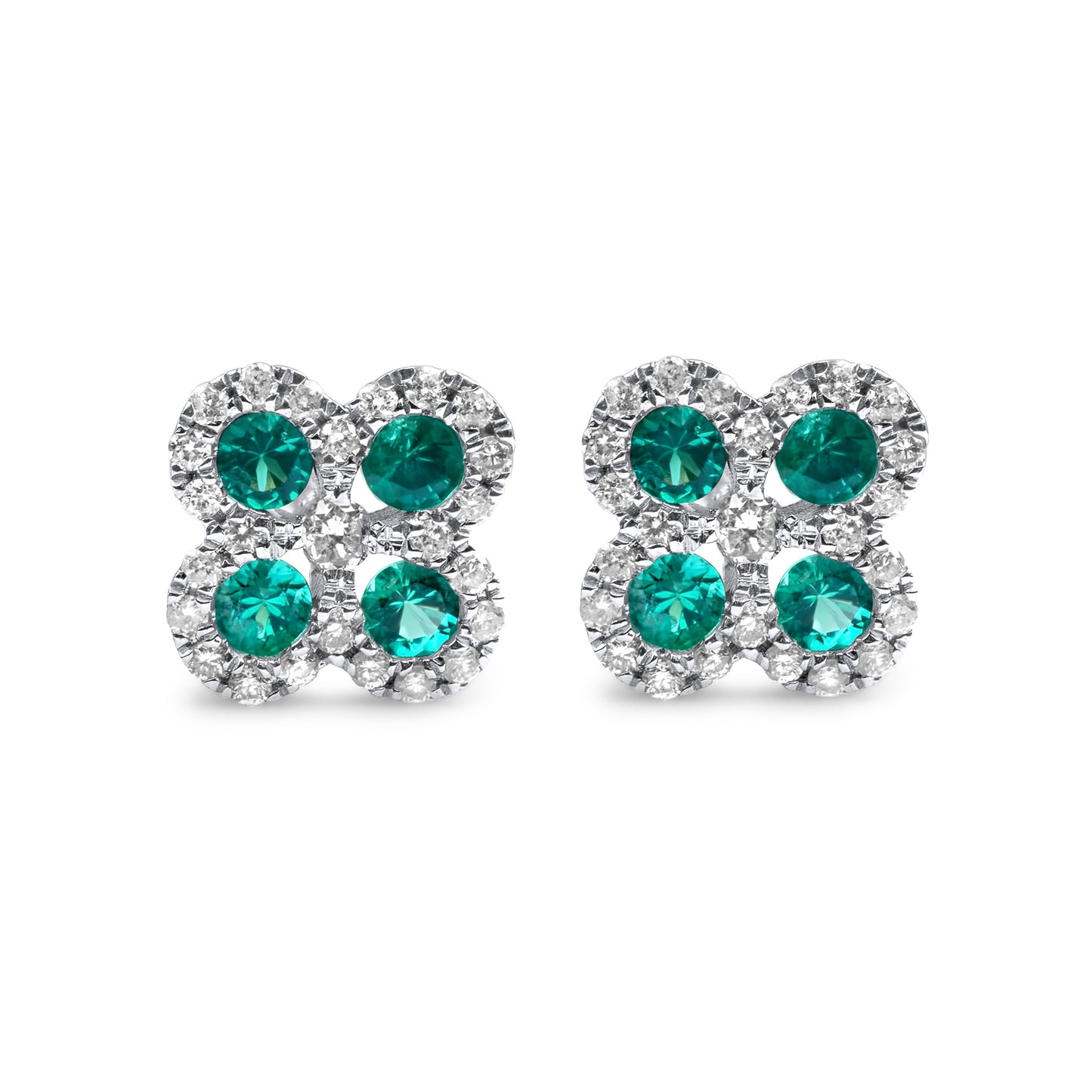 14k White Gold Diamond Emerald Flower Earrings