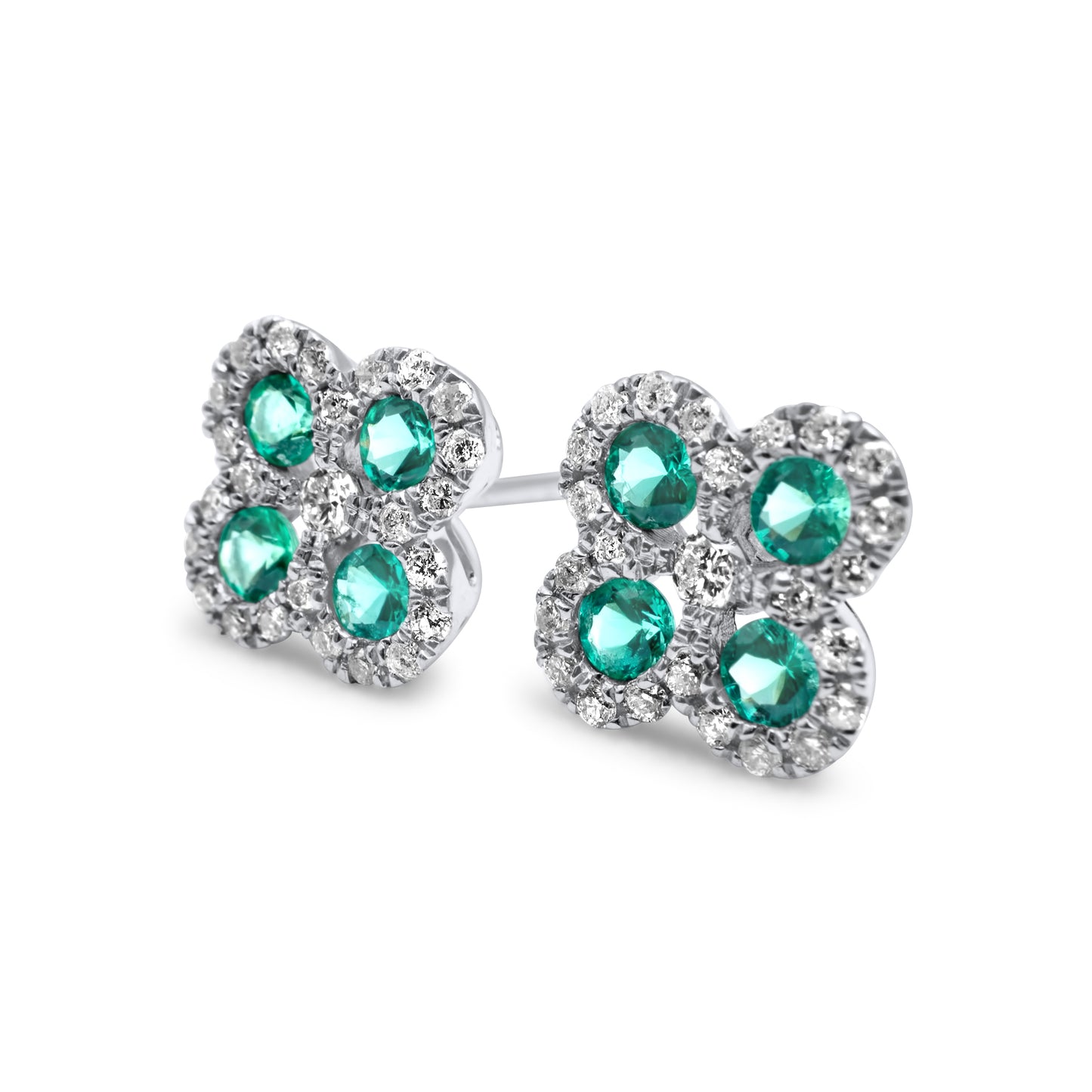 14k White Gold Diamond Emerald Flower Earrings