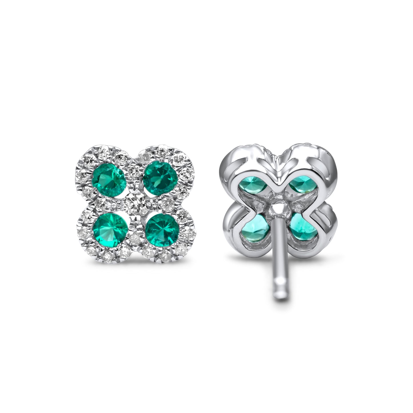 14k White Gold Diamond Emerald Flower Earrings