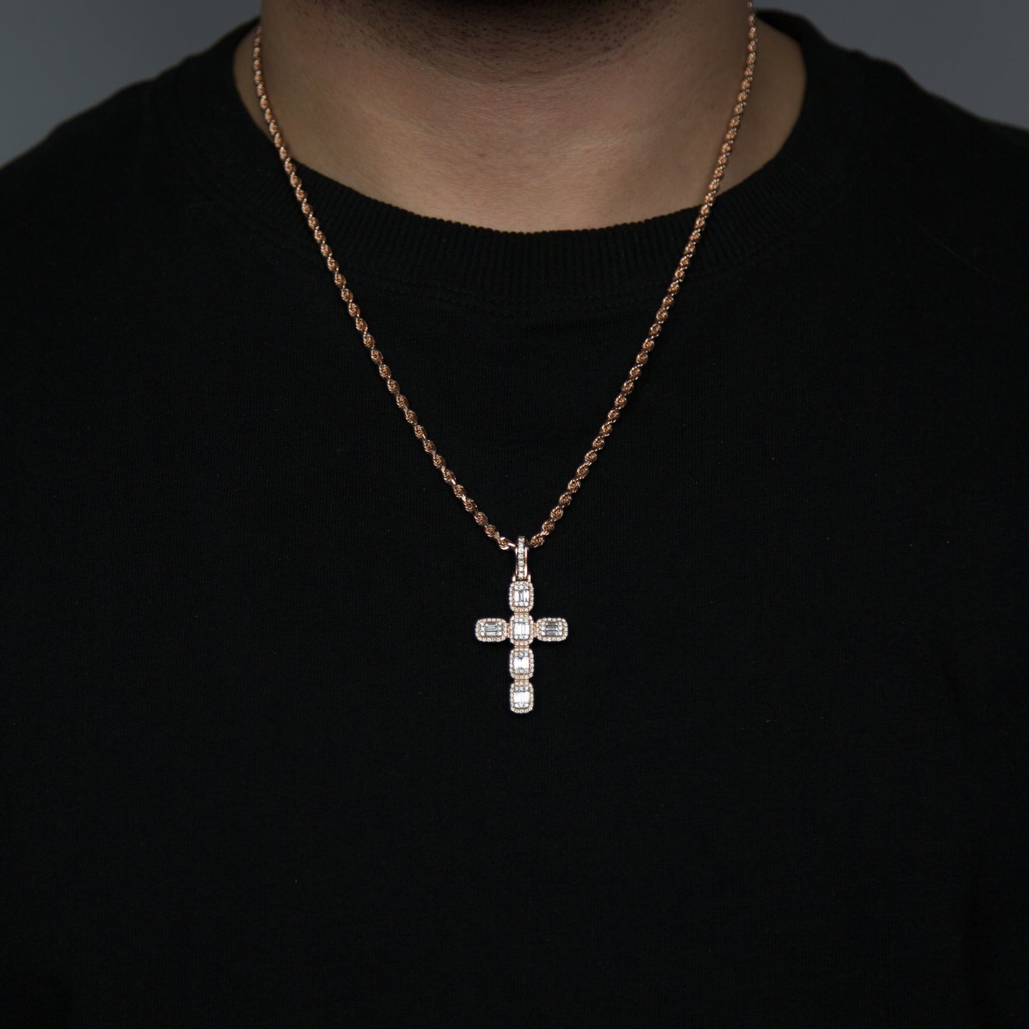 14k Rose Gold Baguette Diamond Cross 3.50ctw