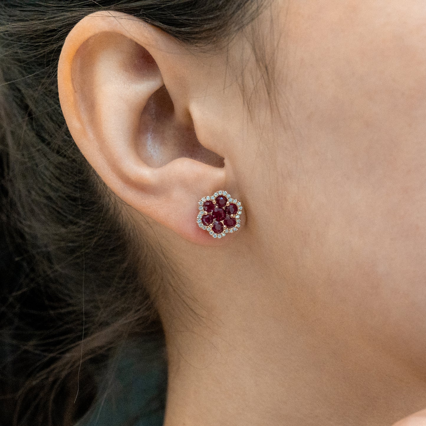 14k Solid Gold Diamond Ruby Cluster Earrings