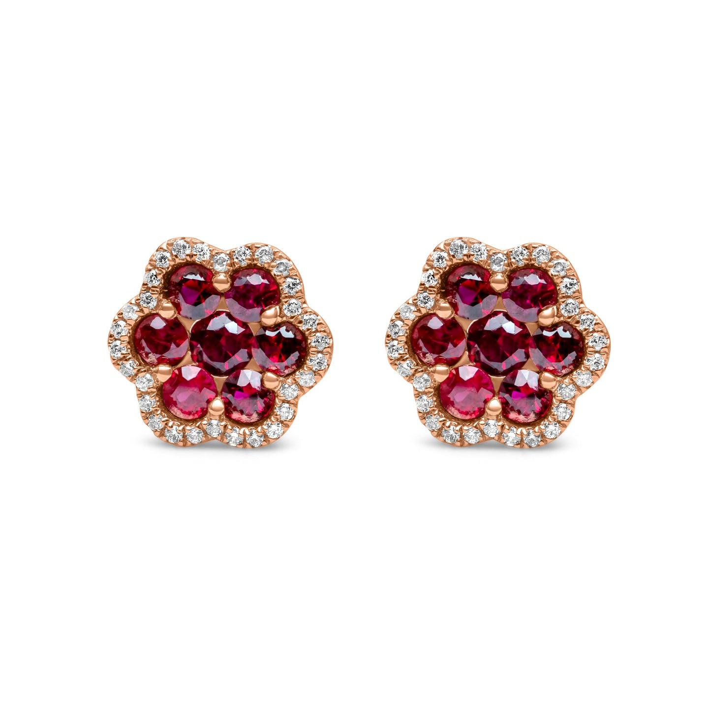 14k Rose Gold Diamond Ruby Cluster Earrings