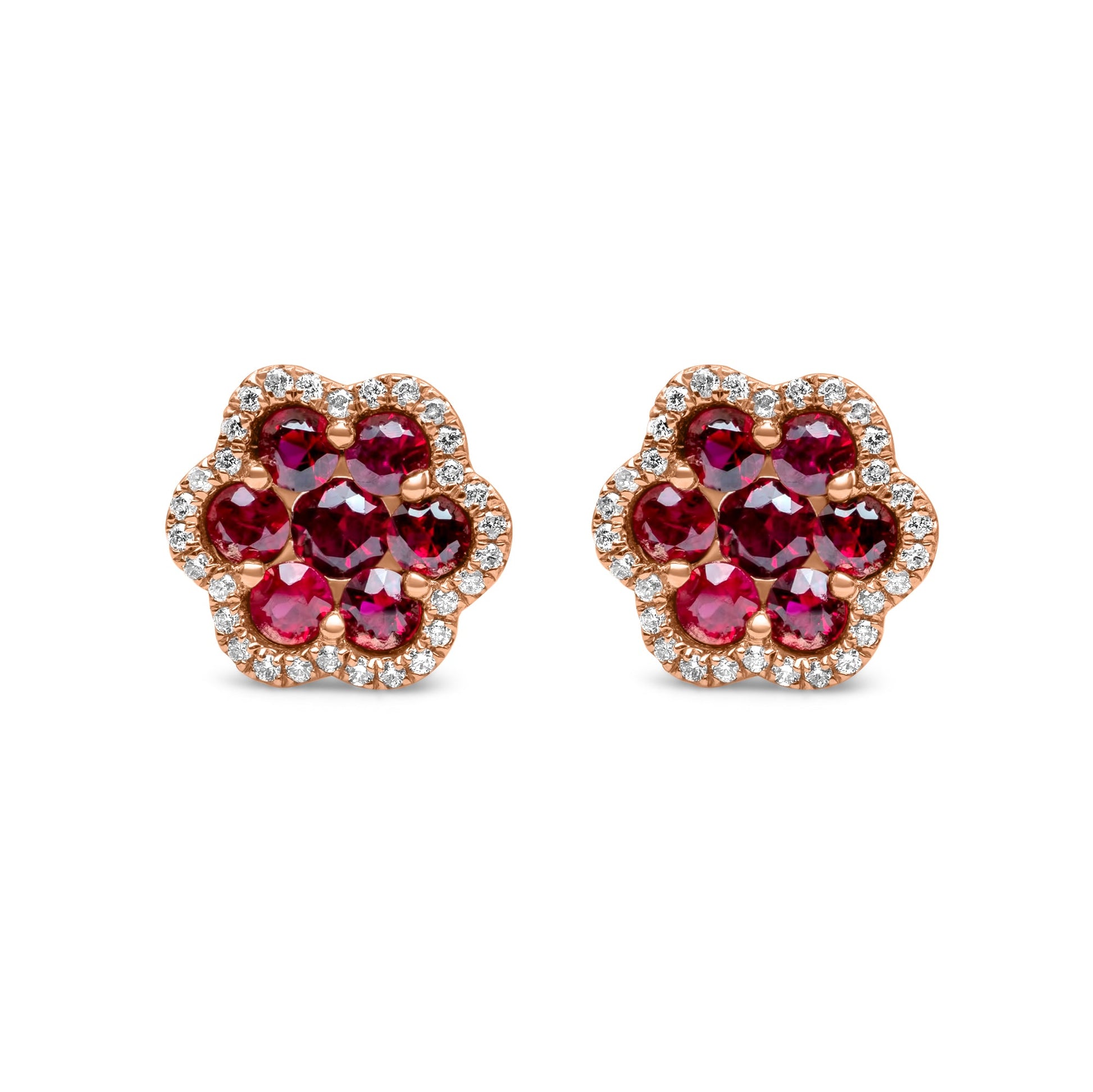 14k Rose Gold Diamond Ruby Cluster Earrings