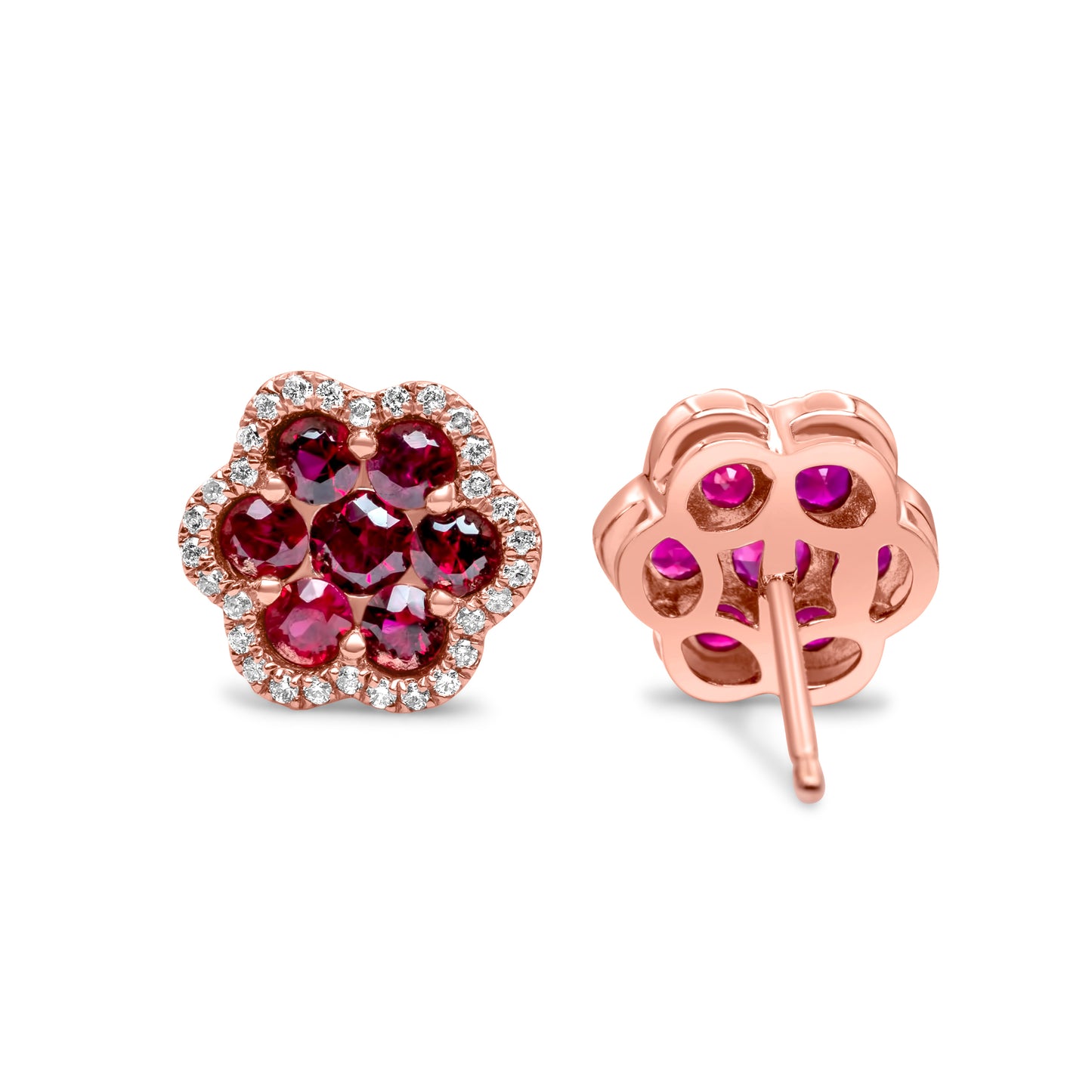 14k Solid Gold Diamond Ruby Cluster Earrings