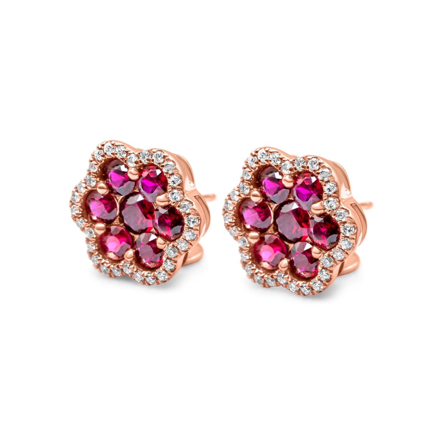 14k Solid Gold Diamond Ruby Cluster Earrings