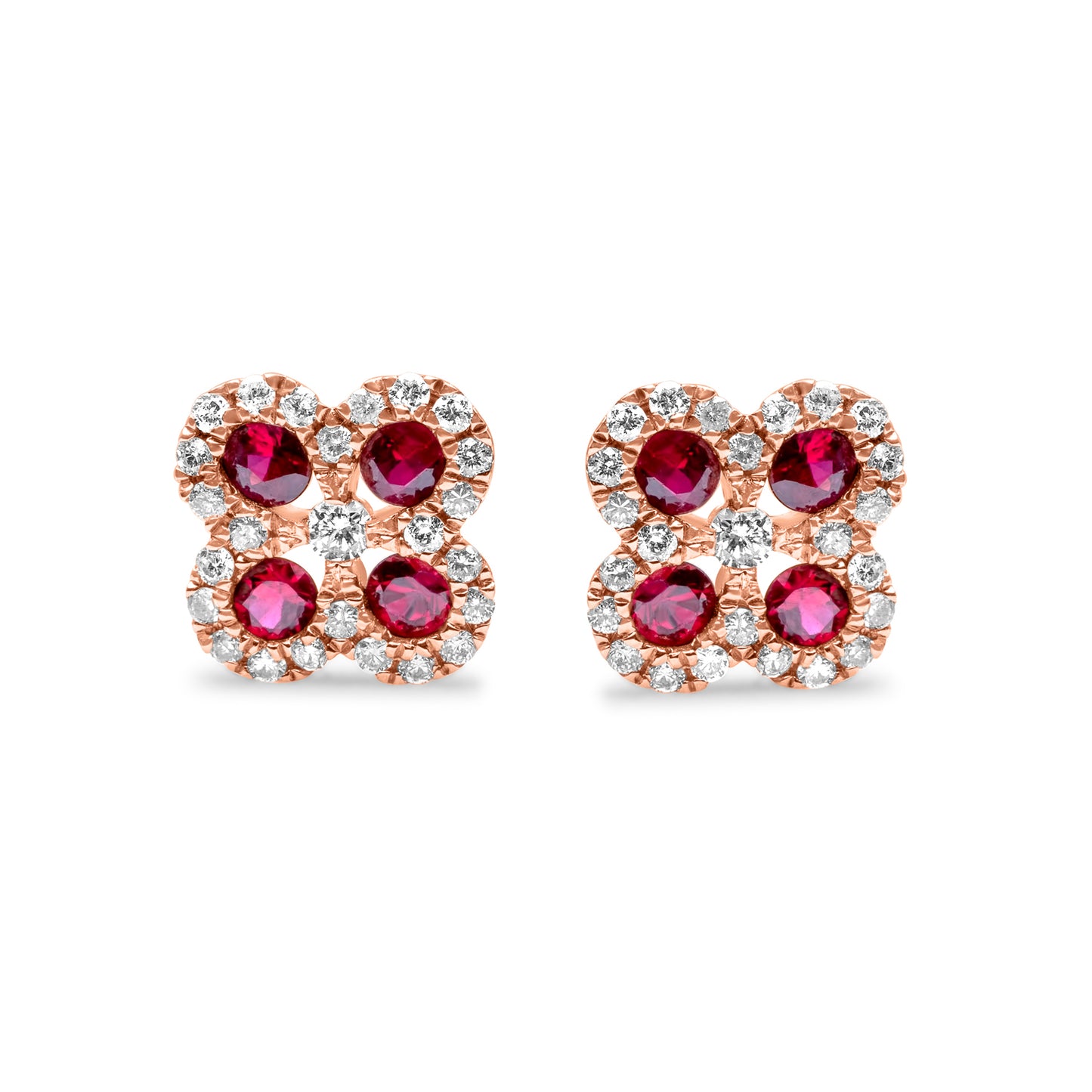 14k White Gold Diamond Ruby Flower Earrings