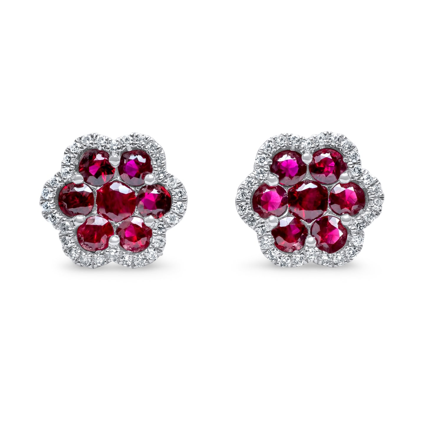 14k Solid Gold Diamond Ruby Cluster Earrings