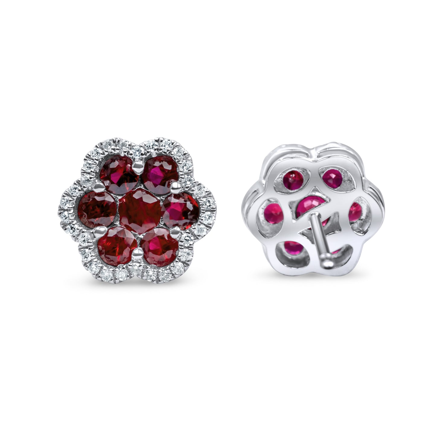 14k Solid Gold Diamond Ruby Cluster Earrings