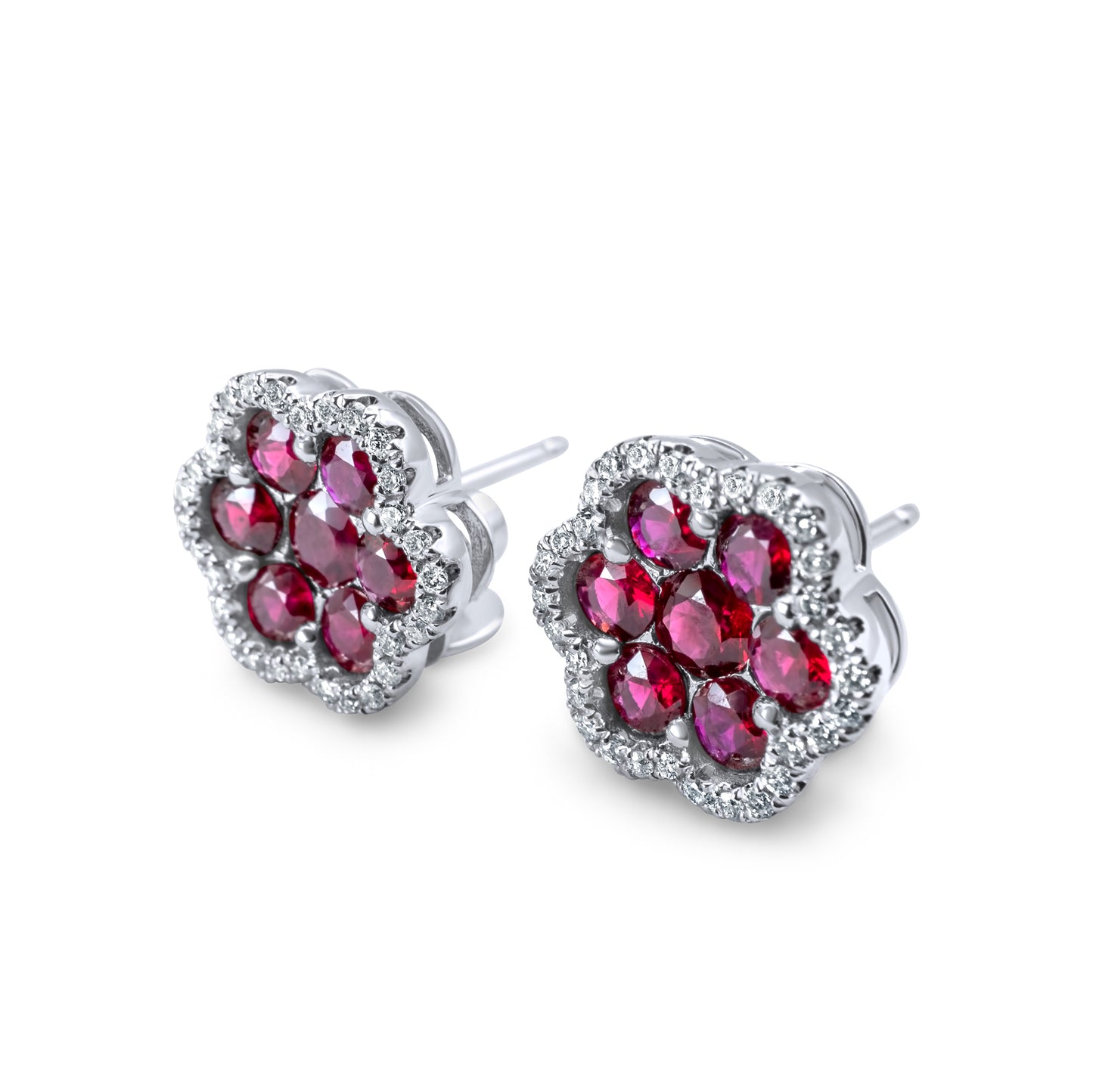 14k Solid Gold Diamond Ruby Cluster Earrings