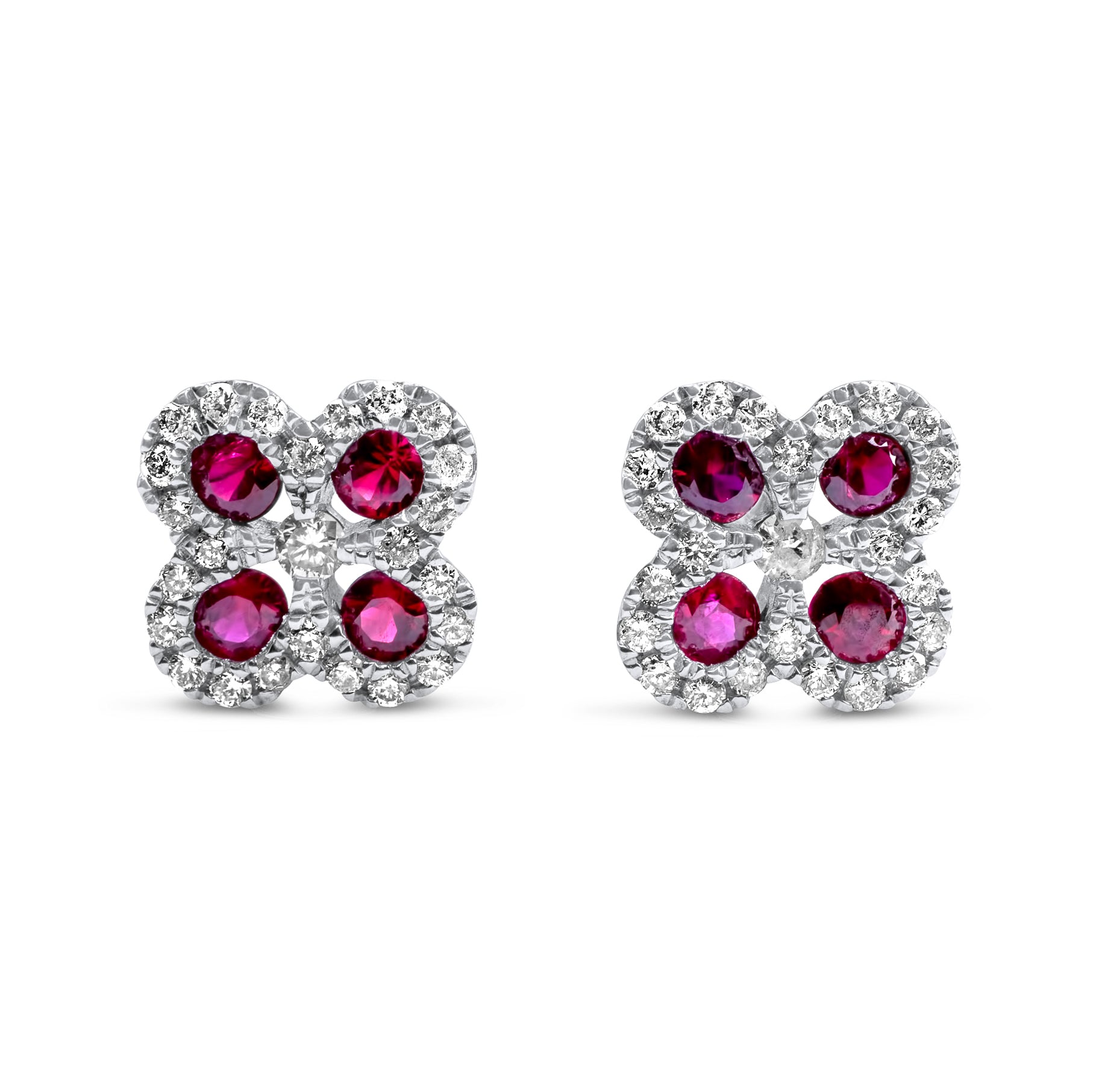 14k White Gold Diamond Ruby Flower Earrings