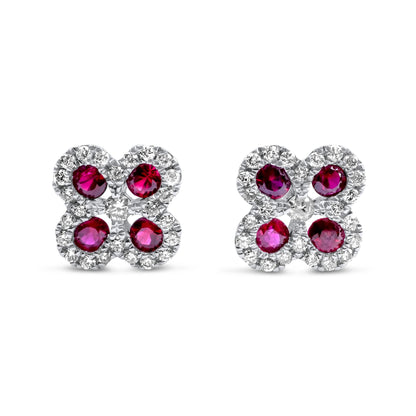 14k White Gold Diamond Ruby Flower Earrings