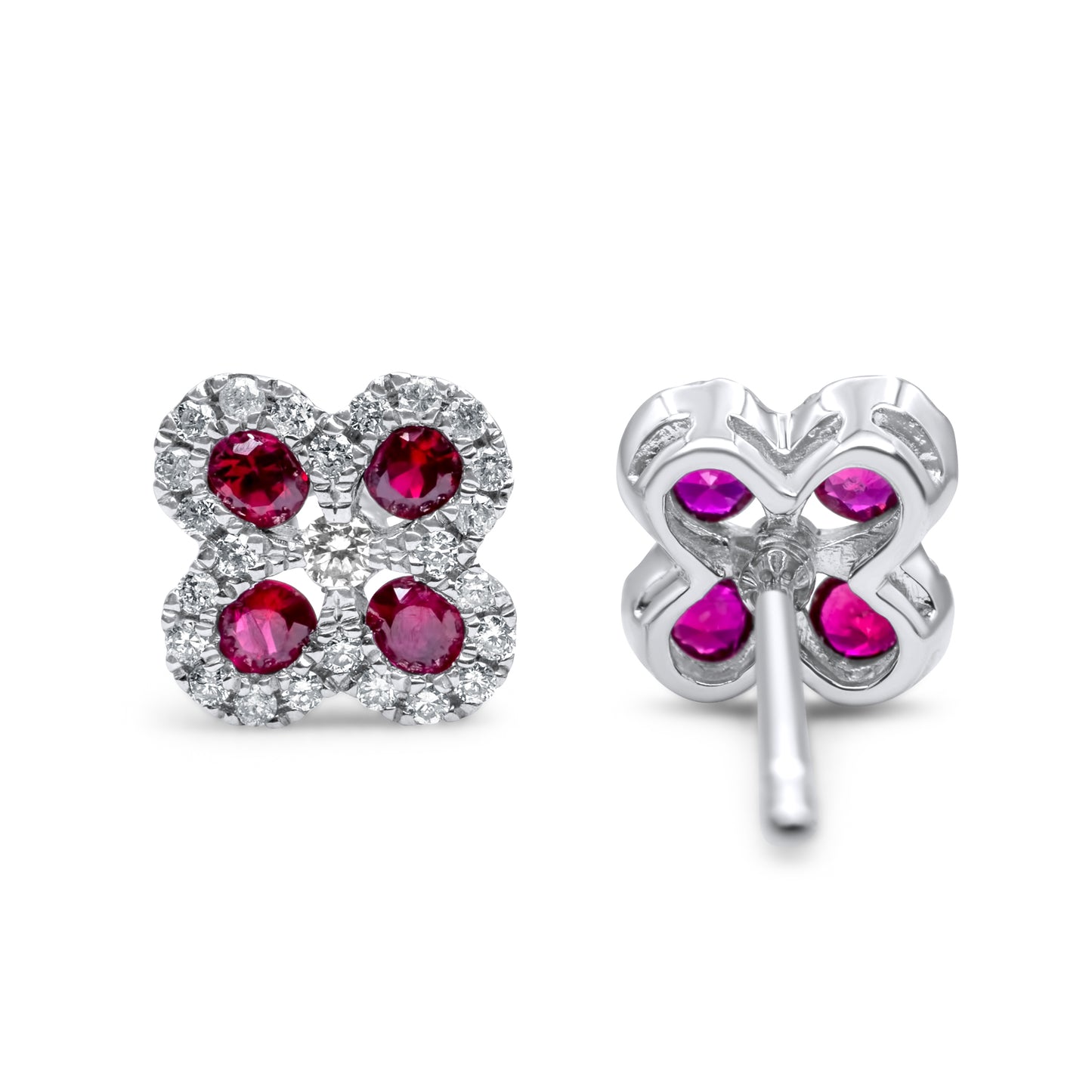 14k White Gold Diamond Ruby Flower Earrings