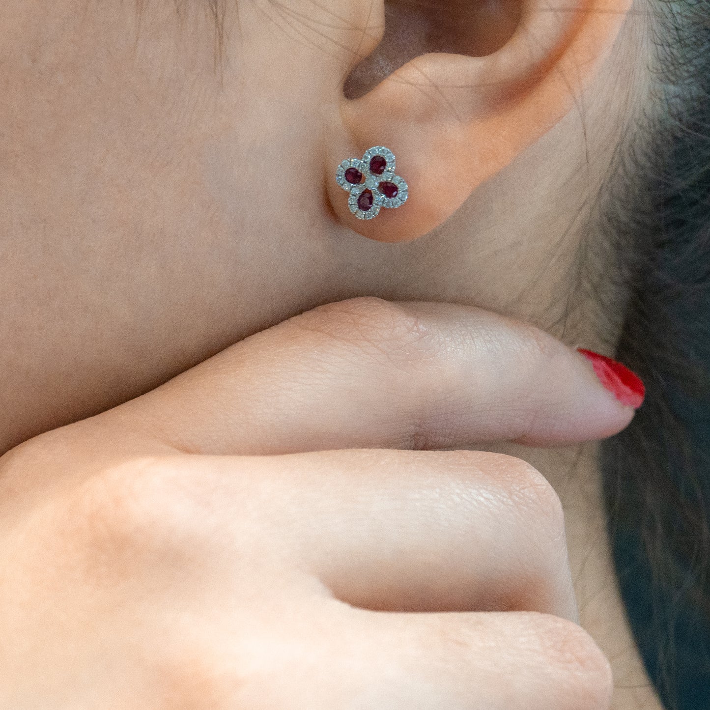 14k White Gold Diamond Ruby Flower Earrings