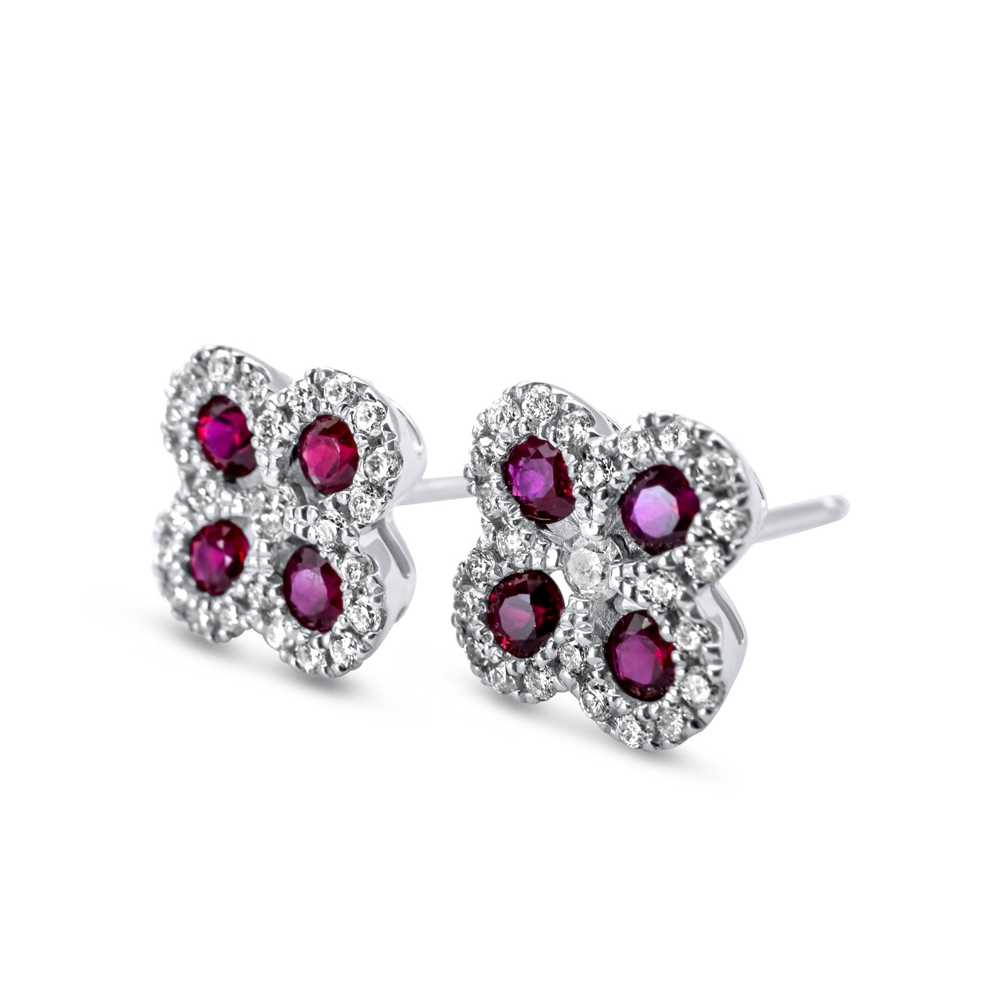 14k White Gold Diamond Ruby Flower Earrings