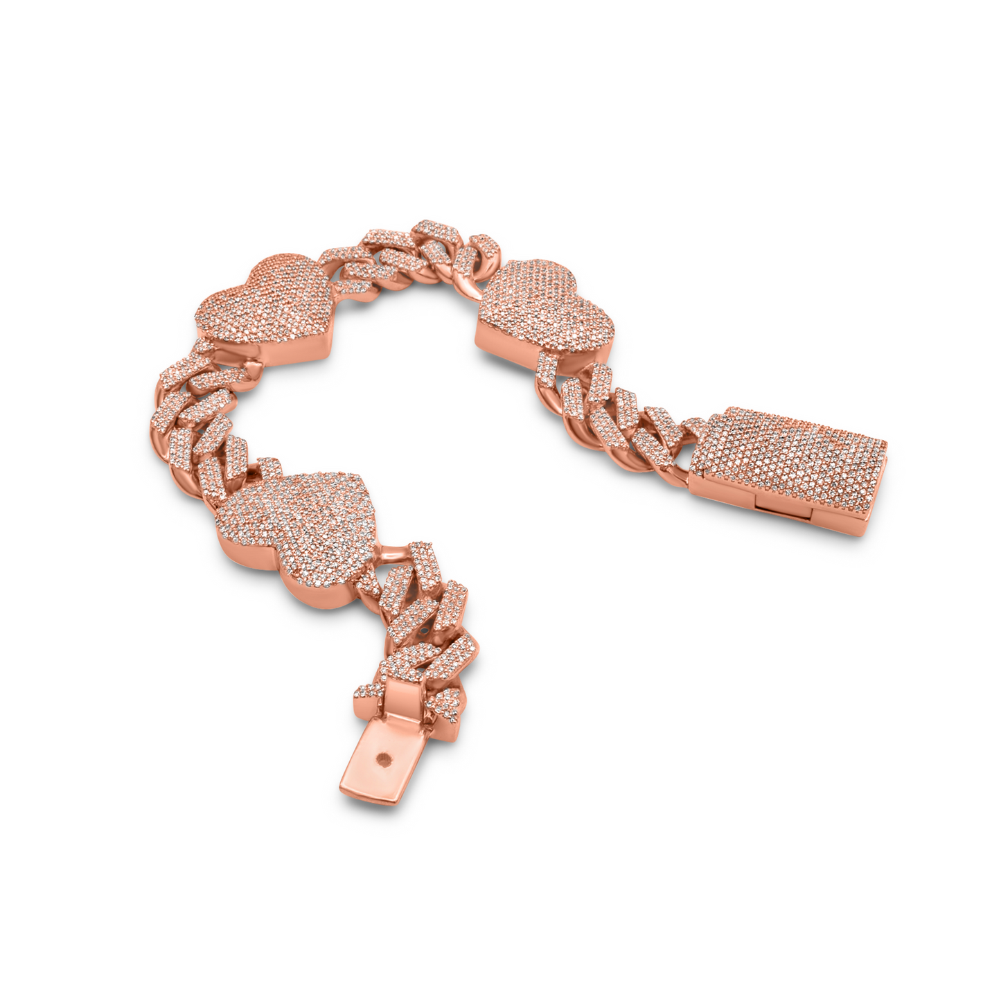 10k Rose Gold Diamond Heart Cuban Link Bracelet 3.26 ctw